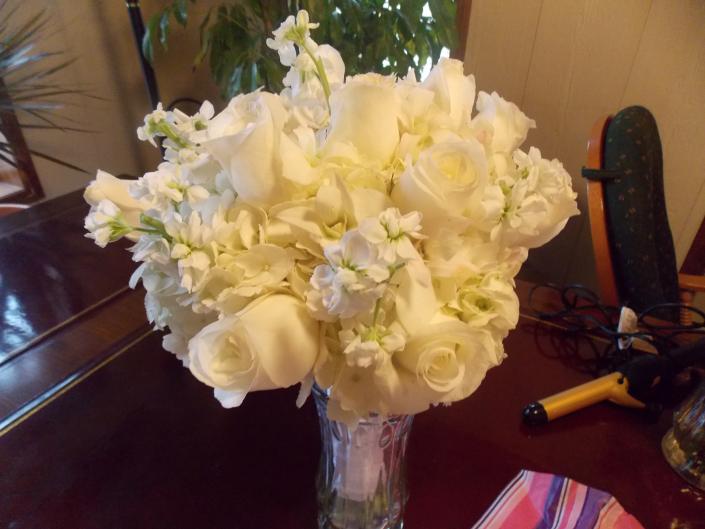 Beautiful white roses with white stock and white hydrangeas 
